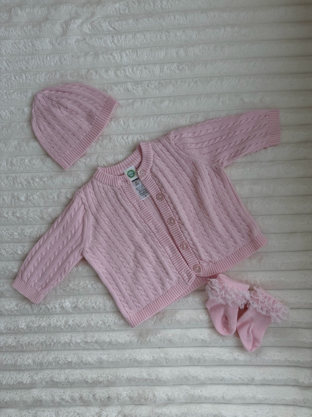 Little Me Pink Cable Knit Cardigan, Hat & Lace Socks Set 3 months